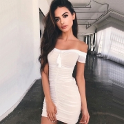 Women's off Shoulder Short Sleeve Ruched Bodycon Irregular Club Dress