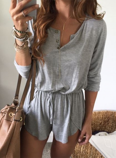 Long Sleeve Solid Loose Drawstring Waist Romper