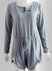 Long Sleeve Solid Loose Drawstring Waist Romper