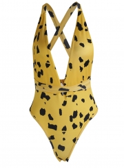 Women's Fashion Deep V Neck Sleeveless Backless Leopard Bodysuit