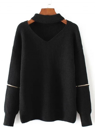 Women's Fashion Choker V Neck Elbow Zipper Long Sleeve Pullover Sweater LEXELFASHIONINTSHOPS.com