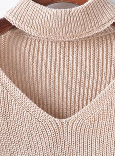 Women's Fashion Choker V Neck Elbow Zipper Long Sleeve Pullover Sweater stylesimo.com