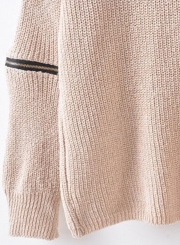 Women's Fashion Choker V Neck Elbow Zipper Long Sleeve Pullover Sweater