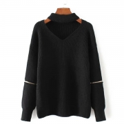 Women's Fashion Choker V Neck Elbow Zipper Long Sleeve Pullover Sweater