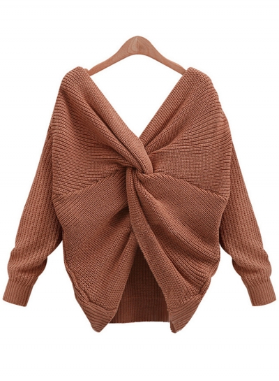 Women's Fashion Tie Deep V Neck Pullover Knitted Sweater stylesimo.com