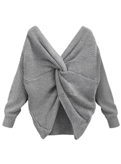 Women's Fashion Tie Deep V Neck Pullover Knitted Sweater LZDINTECOMMERCE.com