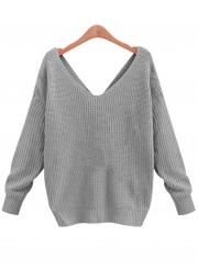 Women's Fashion Tie Deep V Neck Pullover Knitted Sweater