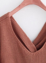 Women's Fashion Tie Deep V Neck Pullover Knitted Sweater