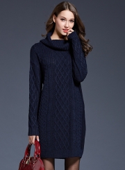 Women's Fashion High Neck Knitted Long Sleeve Pullover Long Sweater