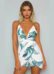 Women's Deep V Neck Banana Leaf Romper