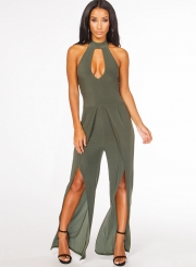 Women's Fashion Halter Choker Sleeveless Hollow Out Slit Jumpsuit