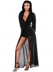 Women's Fashion Deep V Neck Long Sleeve Romper Maxi Dress