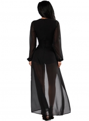 Women's Fashion Deep V Neck Long Sleeve Romper Maxi Dress