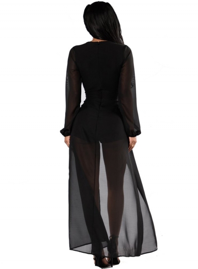 Women's Fashion Deep V Neck Long Sleeve Romper Maxi Dress stylesimo.com