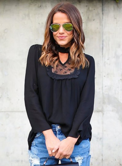 Women's Fashion Solid Long Sleeve Lace Chiffon Blouse stylesimo.com