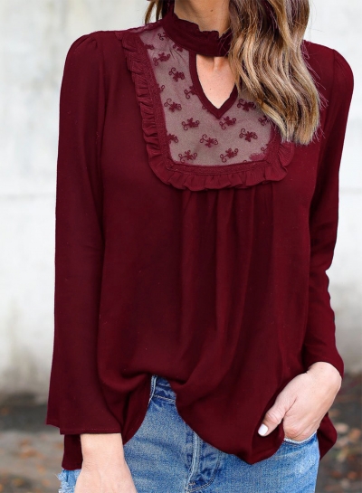 Women's Fashion Solid Long Sleeve Lace Chiffon Blouse LZDINTECOMMERCE.com