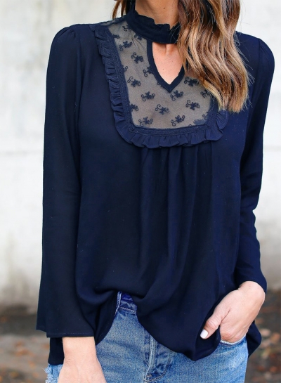 Women's Fashion Solid Long Sleeve Lace Chiffon Blouse LZDINTECOMMERCE.com