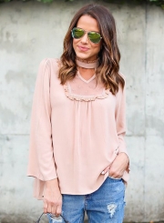 Women's Fashion Solid Long Sleeve Lace Chiffon Blouse