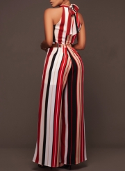 Women's Halter off Shoulder Striped Wide Leg Jumpsuit