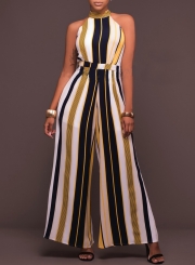 Women's Halter off Shoulder Striped Wide Leg Jumpsuit