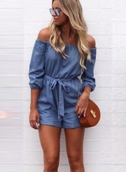 Women's Fashion off Shoulder 3/4 Sleeve Denim Romper with Belt