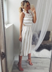 Women's Fashion Sleeveless Striped Backless Strappy Wide Leg Jumpsuit