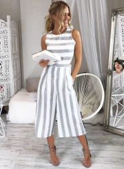 Women's Fashion Sleeveless Striped Backless Strappy Wide Leg Jumpsuit