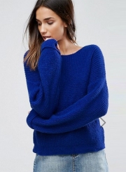 Women's Solid Long Sleeve Back Knot Pullover Sweater