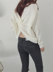 Women's Solid Long Sleeve Back Knot Pullover Sweater