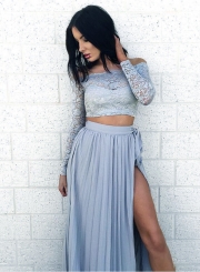 Women's Slash Neck Lace Crop Top Skirt Set