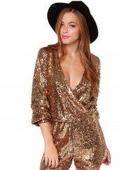 Women's V Neck Long Sleeve Sequin Romper