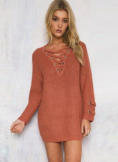 Women's Solid V Neck Lace-up Long Sleeve Pullover Sweater