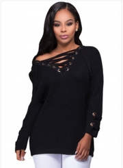 Women's Solid V Neck Lace-up Long Sleeve Pullover Sweater