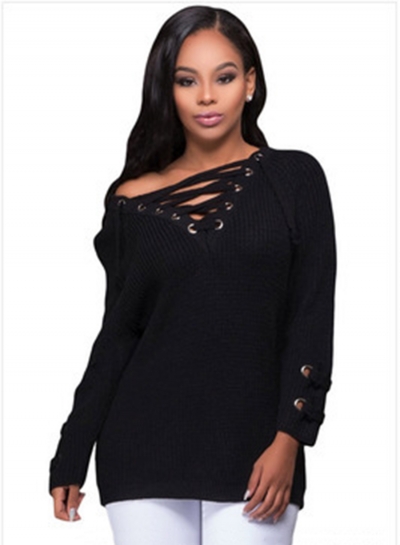 Women's Solid V Neck Lace-up Long Sleeve Pullover Sweater stylesimo.com