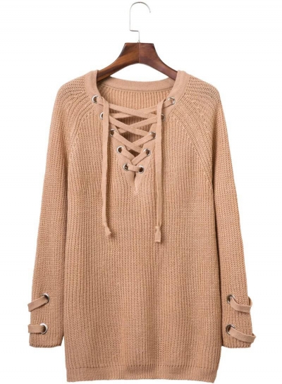 Women's Solid V Neck Lace-up Long Sleeve Pullover Sweater LEXELFASHIONINTSHOPS.com