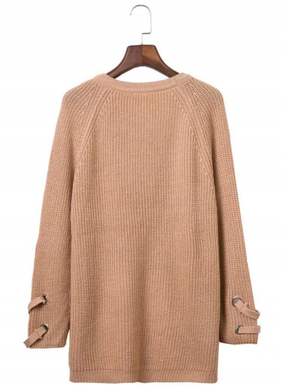 Women's Solid V Neck Lace-up Long Sleeve Pullover Sweater stylesimo.com