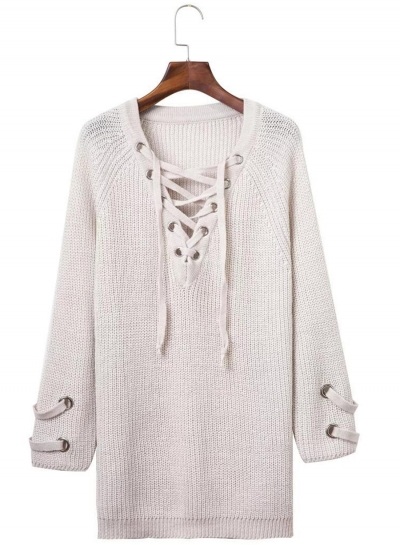 Women's Solid V Neck Lace-up Long Sleeve Pullover Sweater LEXELFASHIONINTSHOPS.com