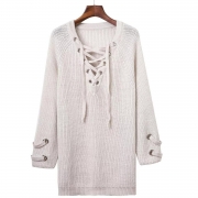 Women's Solid V Neck Lace-up Long Sleeve Pullover Sweater