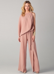 Women's One Sleeve Loose Wide Leg Jumpsuit with Belt