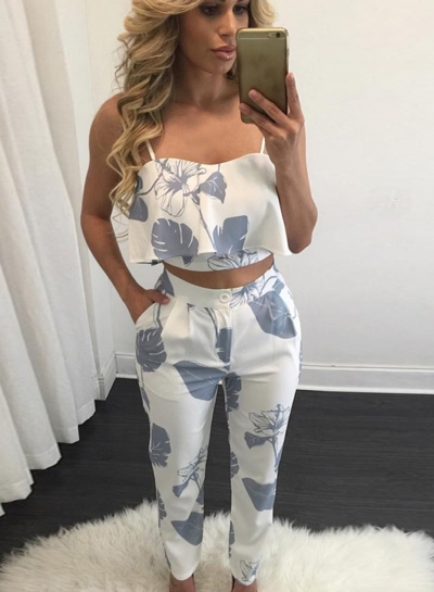 Women's Spaghetti Strap Print Blouse Pants Set