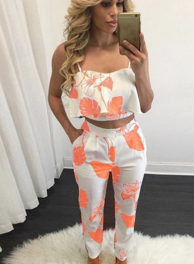 Women's Spaghetti Strap Print Blouse Pants Set LZDINTECOMMERCE.com