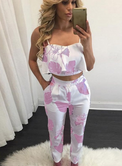 Women's Spaghetti Strap Print Blouse Pants Set YOUYOUFASHIONEC.com