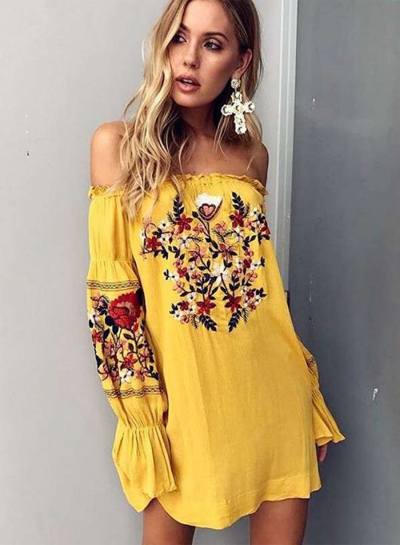 Women's Fashion off Shoulder Long Sleeve Floral Embroidery Mini Dress