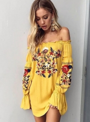 Women's Fashion off Shoulder Long Sleeve Floral Embroidery Mini Dress