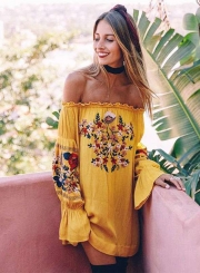 Women's Fashion off Shoulder Long Sleeve Floral Embroidery Mini Dress