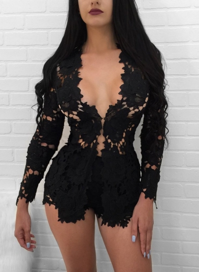 Women's Floral Lace Long Sleeve Blouse Shorts Set YOUYOUFASHIONEC.com