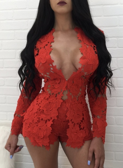 Women's Floral Lace Long Sleeve Blouse Shorts Set YOUYOUFASHIONEC.com