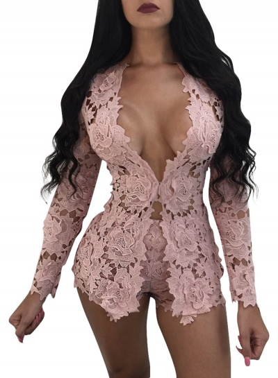 Women's Floral Lace Long Sleeve Blouse Shorts Set YOUYOUFASHIONEC.com