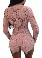 Women's Floral Lace Long Sleeve Blouse Shorts Set