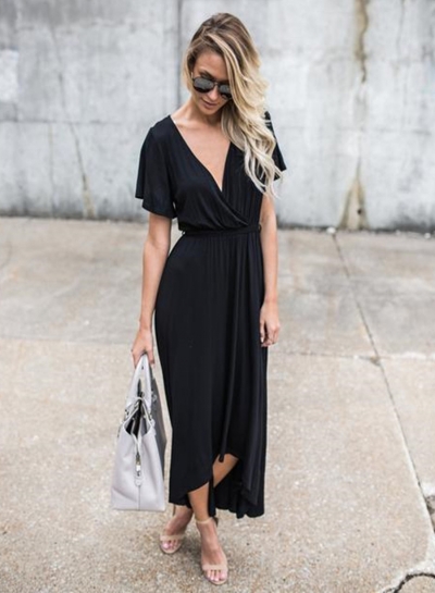 Women's V Neck Short Sleeve High Low Maxi Dress YOUYOUFASHIONEC.com